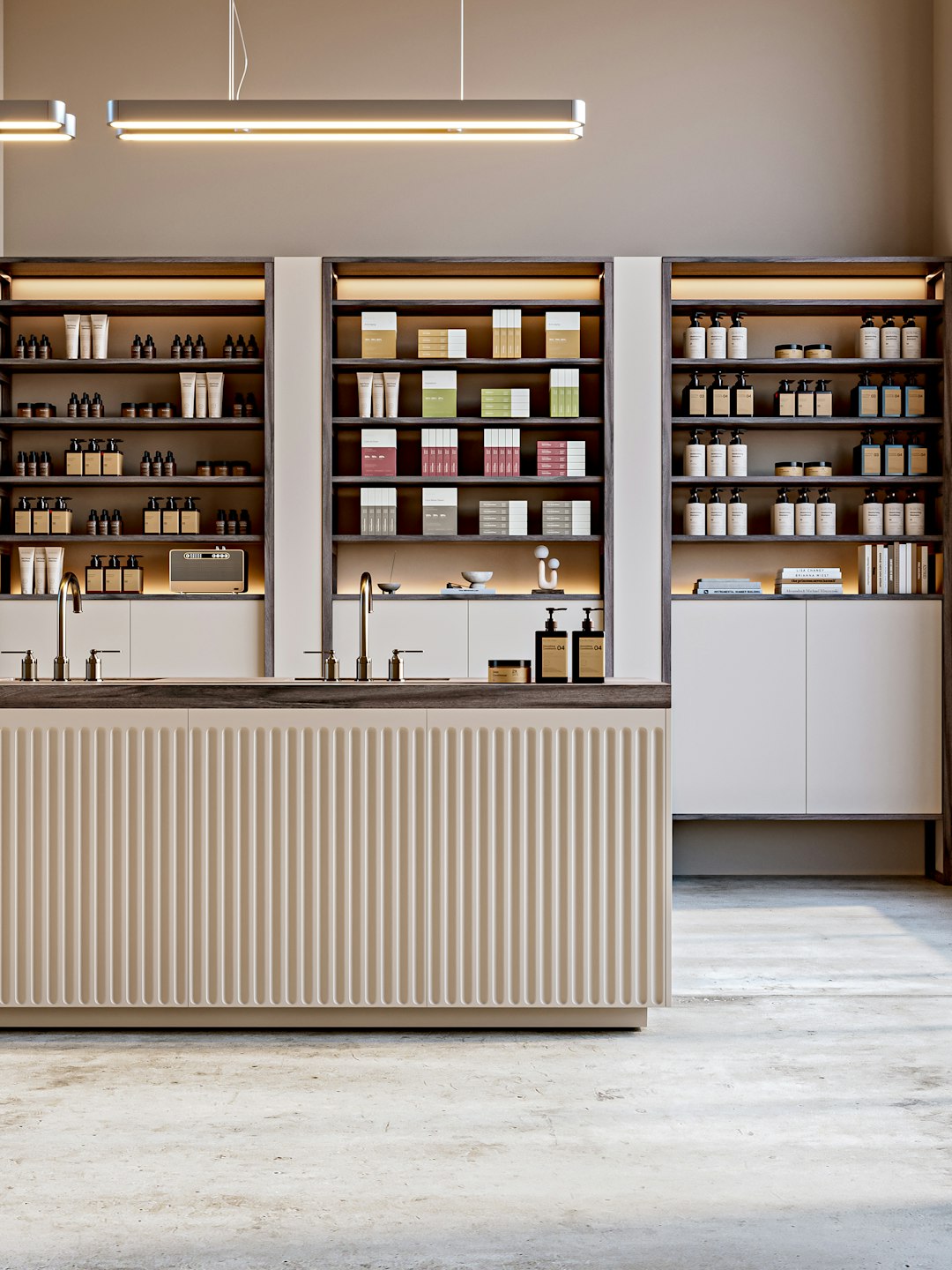 Modern beauty retail space featuring Ela De Pure products neatly arranged on wooden shelves. The clean, minimalist interior with a central island and ambient lighting creates a luxurious and inviting skincare and haircare shopping experience.